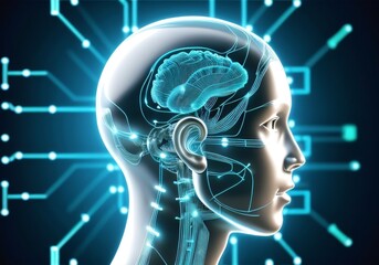 Obraz premium Artificial intelligence. Human head outline with circuit board inside. Technology and engineering concept. Technology web background. Created with generative AI tools