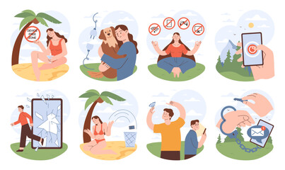 Digital detox set. Characters taking a break from digital devices. Disconnected