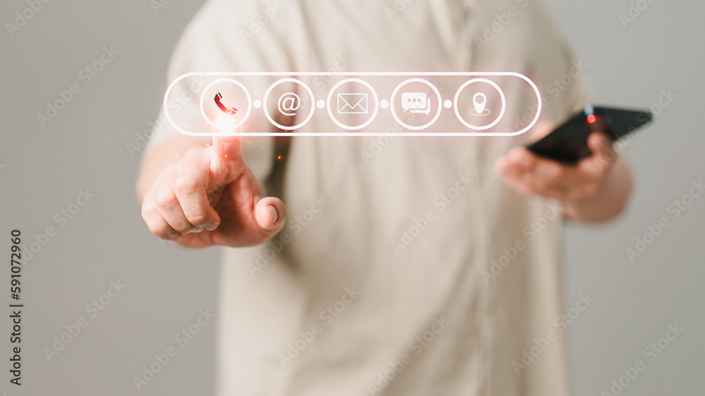 Poster client man touching the virtual screen on the call phone, email, address, chat message and map icons
