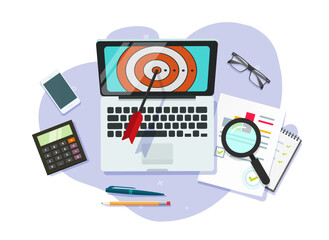 Target aim business strategy success reach vector flat graphic design, audit check research project earnings revenue sales kpi, digital marketing strategic concept, find analysys good solution image