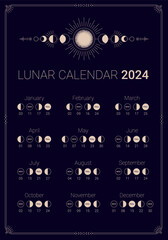 2024 year lunar calendar on dark night sky backdrop. Year cycle planner, astrological scheduler, moon lunar phases banner, poster, card design template vector illustration