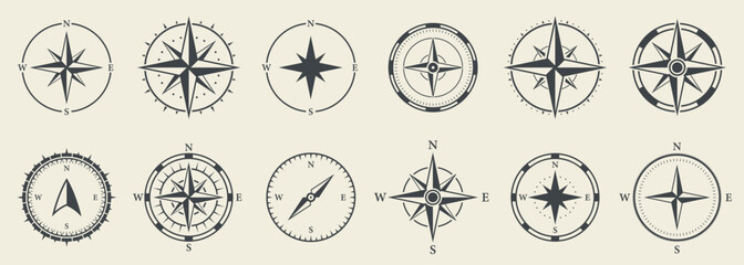 Compass Equipment Navigation Silhouette Icon Set. Retro Rose Wind Glyph Pictogram. Adventure Direction to North South West East Icon. Cartography Navigator Pointer Sign. Isolated Vector Illustration © gentle studio