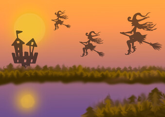 Illustration for the Halloween holiday where there is forest, water in lake or river, moon or the sun, black castle and crowd witchs flying on broom in sky. Abstract background with copy space