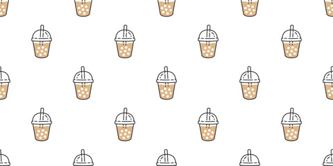 Boba tea seamless pattern vector bubble milk tea gift wrapping paper scarf isolated repeat wallpaper tile background illustration doodle design