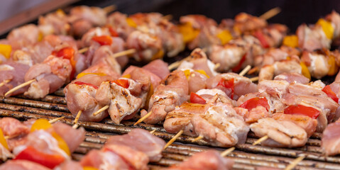 banner of delicious meat and vegetable skewers cooking on coals
