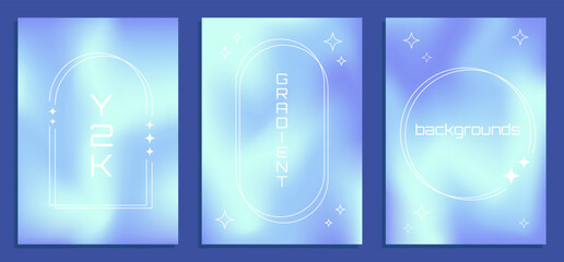 Y2k three vector blue gradient backgrounds with white frames with stars, retro collection graphic design elements.