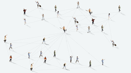 Aerial view of different people of diverse age and gender connected with social media lines against...