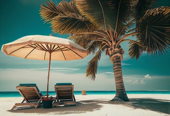 Fototapeta na wymiar Sun loungers and umbrella with palm trees on a tropical beach.generative ai