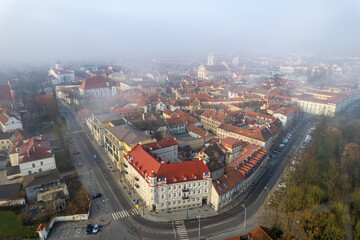 Fototapeta premium Aerial beautiful spring morning fog view of Vilnius Old Town, Lithuania