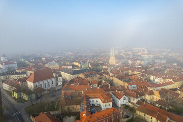 Fototapeta na wymiar Aerial beautiful spring morning fog view of Vilnius Old Town, Lithuania