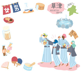 日本の群馬の草津温泉と温泉のアイコンと浴衣を着た外国からの観光客のセット（フラット）