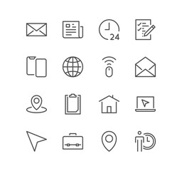 Set of contact related icons, phone, mail, location, calendar, user and linear variety vectors.
