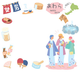 日本の福井のあわら温泉と温泉のアイコンと浴衣を着た女友達のセット（フラット）