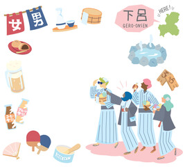 日本の岐阜の下呂温泉と温泉のアイコンと浴衣を着た外国からの観光客のセット（フラット）