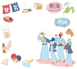 日本の静岡の熱海温泉と温泉のアイコンと浴衣を着た外国からの観光客のセット（フラット）