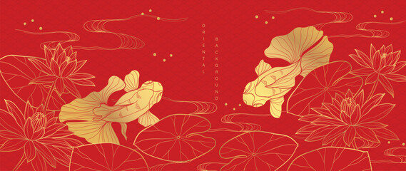 Luxury oriental flower background vector. Elegant red lotus flowers golden line art with sea wave line pattern and goldfish.  Chinese and Japanese design for wallpaper, poster, banner, card.
