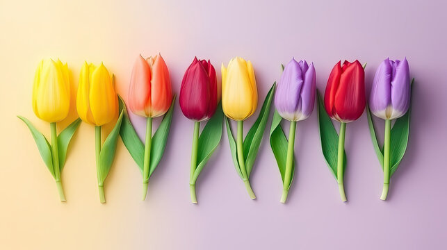 Spring colorful flowers bouquet of tulips on a yellow and violet background top view in flat lay style. Greeting for Womens or Mothers Day or Spring Sale Banner. Generative AI