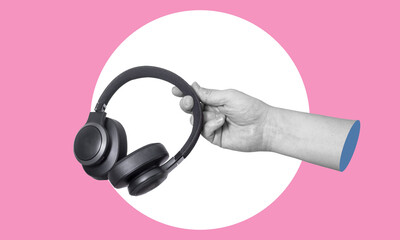 Art collage digital pop contemporary art. Hand-holding headphones on a pink background.