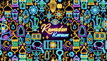 Ramadan Kareem Neon Banner. Vector Illustration of Religion Arabian Glowing Concept.