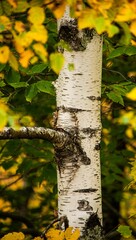 Vertical shot of a birch tree trunk with green and yellow fall leaves