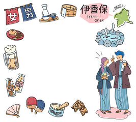 日本の群馬の伊香保温泉と温泉のアイコンと浴衣を着たカップルのセット（線画）