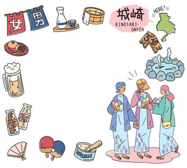 日本の兵庫の城崎温泉と温泉のアイコンと浴衣を着た女友達のセット（線画）