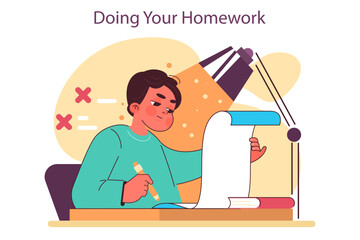 School boy doing his homework. Little boy writing school assignment.