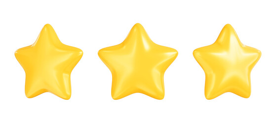 Golden stars icons from different sides. Set of glossy yellow stars shapes. Customer feedback or customer review concept, 3D render. PNG with transparent background and alpha channel to cut out