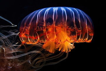 A macro of the stunning glowing chrysaora pacifica jellyfish, generative AI