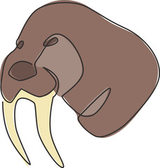 One single line drawing of big walrus head for company logo identity. Flippered marine mammal mascot concept for national zoo icon. Modern continuous line draw design graphic vector illustration
