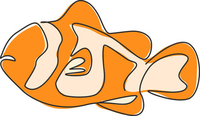 One continuous line drawing of adorable clown fish for sea water aquarium logo identity. Stripped anemonefish mascot concept for aquatic show icon. Modern single line draw design vector illustration