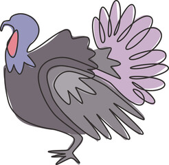 One continuous line drawing of large turkey for livestock logo identity. Giant avian mascot concept for animal husbandry icon. Modern single line draw design graphic vector illustration