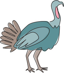 Single continuous line drawing of giant turkey for farming logo identity. Big cock mascot concept for poultry livestock icon. Modern one line draw graphic design vector illustration