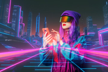 Concept of stylish woman in VR glasses with smartphone and future interface on dark background - obrazy, fototapety, plakaty