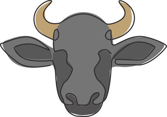 One continuous line drawing of sturdy cow head for agriculture logo identity. Mammal animal mascot concept for farming icon. Single line draw design vector illustration graphic