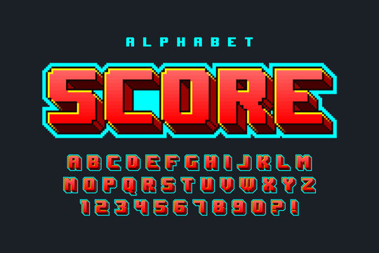 Fototapeta Pixel vector alphabet design, stylized like in 8-bit games.