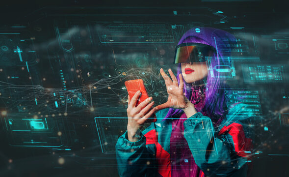 Concept of stylish woman in VR glasses with smartphone and future interface on dark background