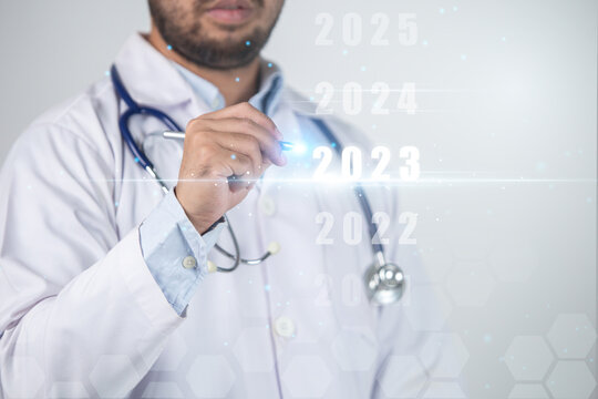 Close up of male doctor drawing numbers on virtual screen 3D rendering