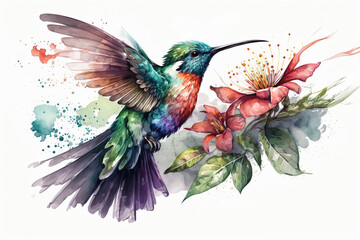 Colorful Watercolors Hummingbird Isolated On White Background - Generative AI