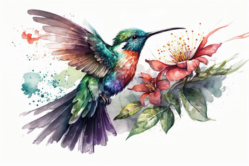 Obraz premium Colorful Watercolors Hummingbird Isolated On White Background - Generative AI