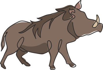 Single continuous line drawing of wild common warthog for company logo identity. Saharan Africa pig mascot concept for national conservation park icon. Modern one line draw design vector illustration