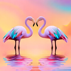 pink background with flamingos in the water