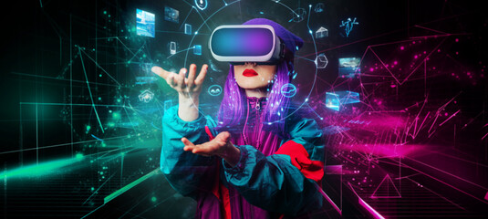 Concept of stylish woman in VR glasses with future interface on dark background - 591078790