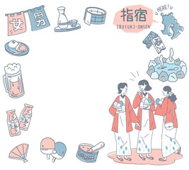 日本の鹿児島の指宿温泉と温泉のアイコンと浴衣を着た女友達のセット（線画優しいカラー）