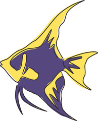 Single one line drawing of funny freshwater anglefish for company logo identity. Cute pterophyllum fish mascot concept for aquatic show icon. Modern continuous line draw design vector illustration