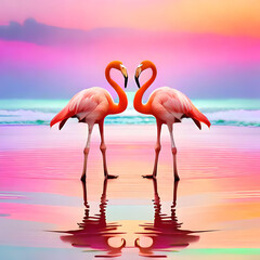 Fototapeta na wymiar pink background with flamingos in the water