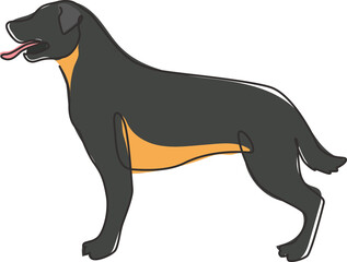 One continuous line drawing of fierce rottweiler dog for security company logo identity. Purebred dog mascot concept for pedigree friendly pet icon. Modern single line draw design vector illustration