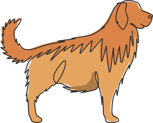 One continuous line drawing of cute golden retriever dog for company logo identity. Purebred dog mascot concept for pedigree friendly pet icon. Modern single line draw design vector illustration