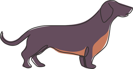 One continuous line drawing of adorable dachshund dog for logo identity. Purebred dog mascot concept for pedigree friendly pet icon. Modern single line draw design vector graphic illustration