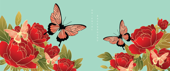 Luxury oriental flower background vector. Elegant red peony flower and butterfly golden line art on green background. Floral pattern design illustration for decoration, wallpaper, poster, banner. © TWINS DESIGN STUDIO